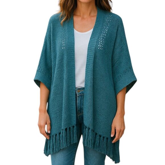 Nanette Lepore Alpaca Wool Blend Blue Fringe oversized Cardigan Sweater Sz XS/S - Picture 1 of 8